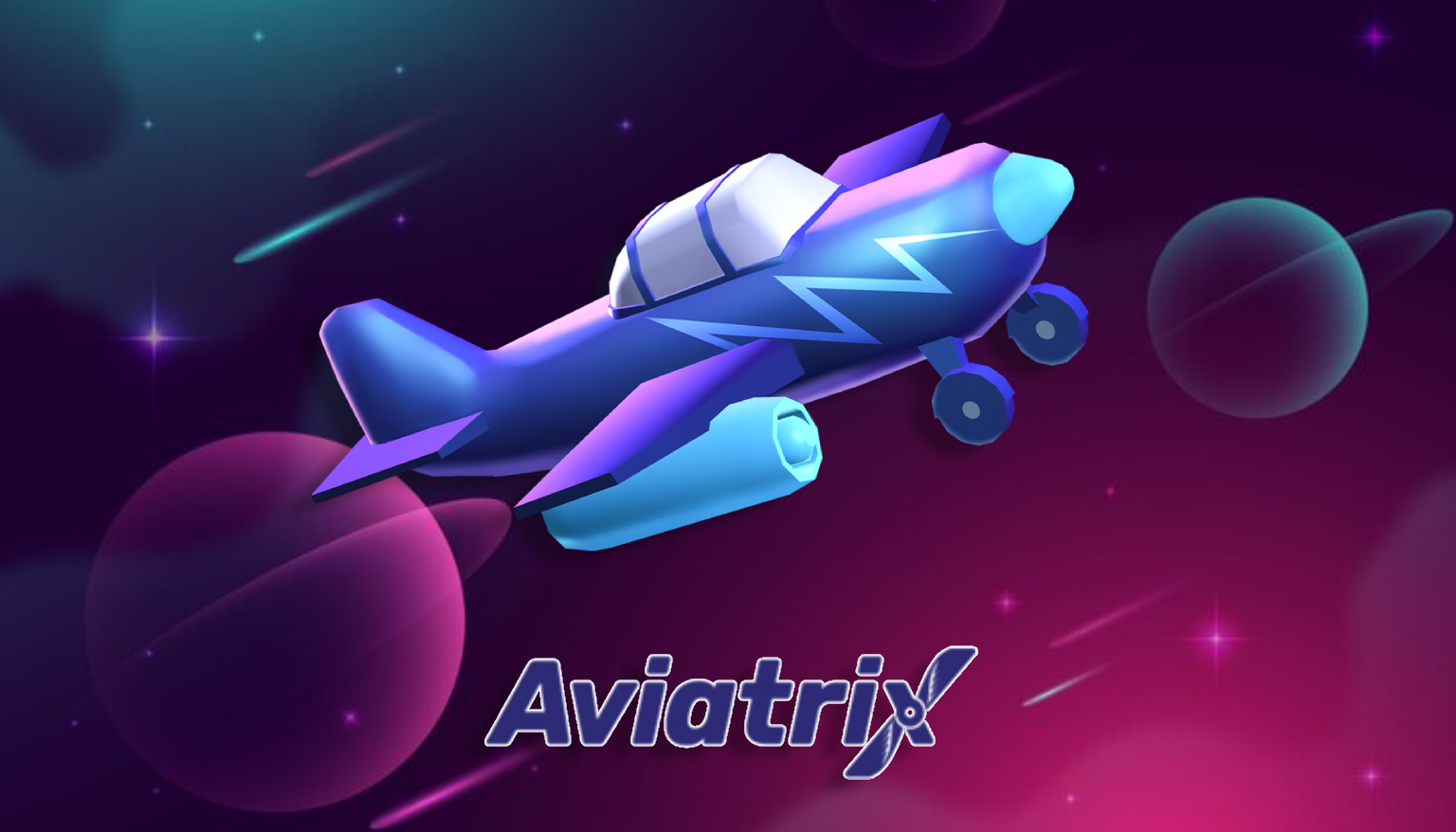 A blue aircraft in the space with Aviatrix crash game logo