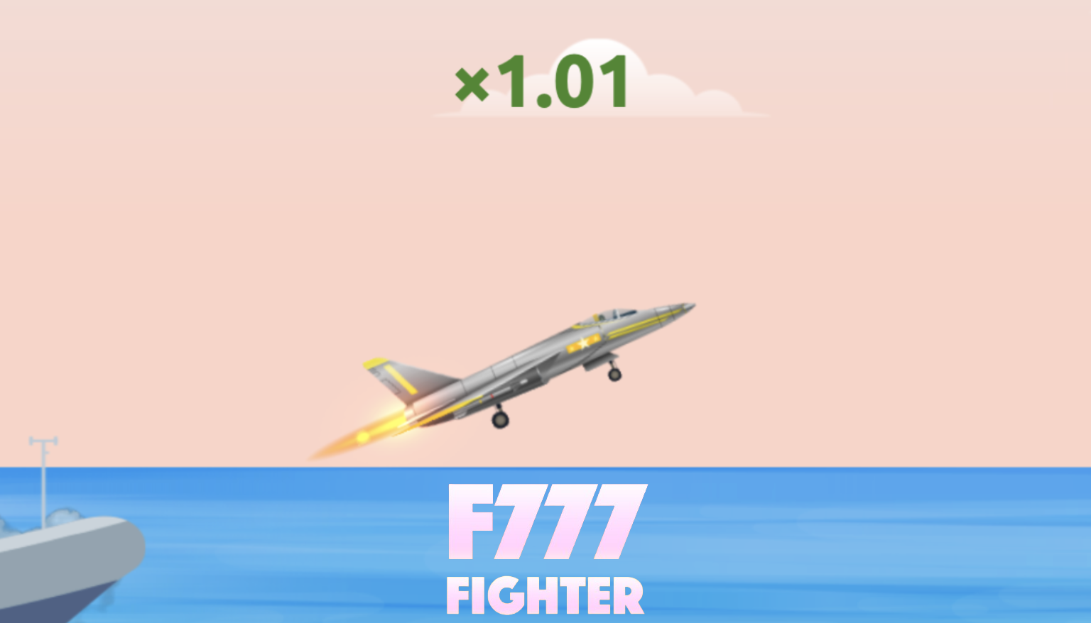 A fighter jet takes off over the sea with coefficient and F777 Fighter game logo