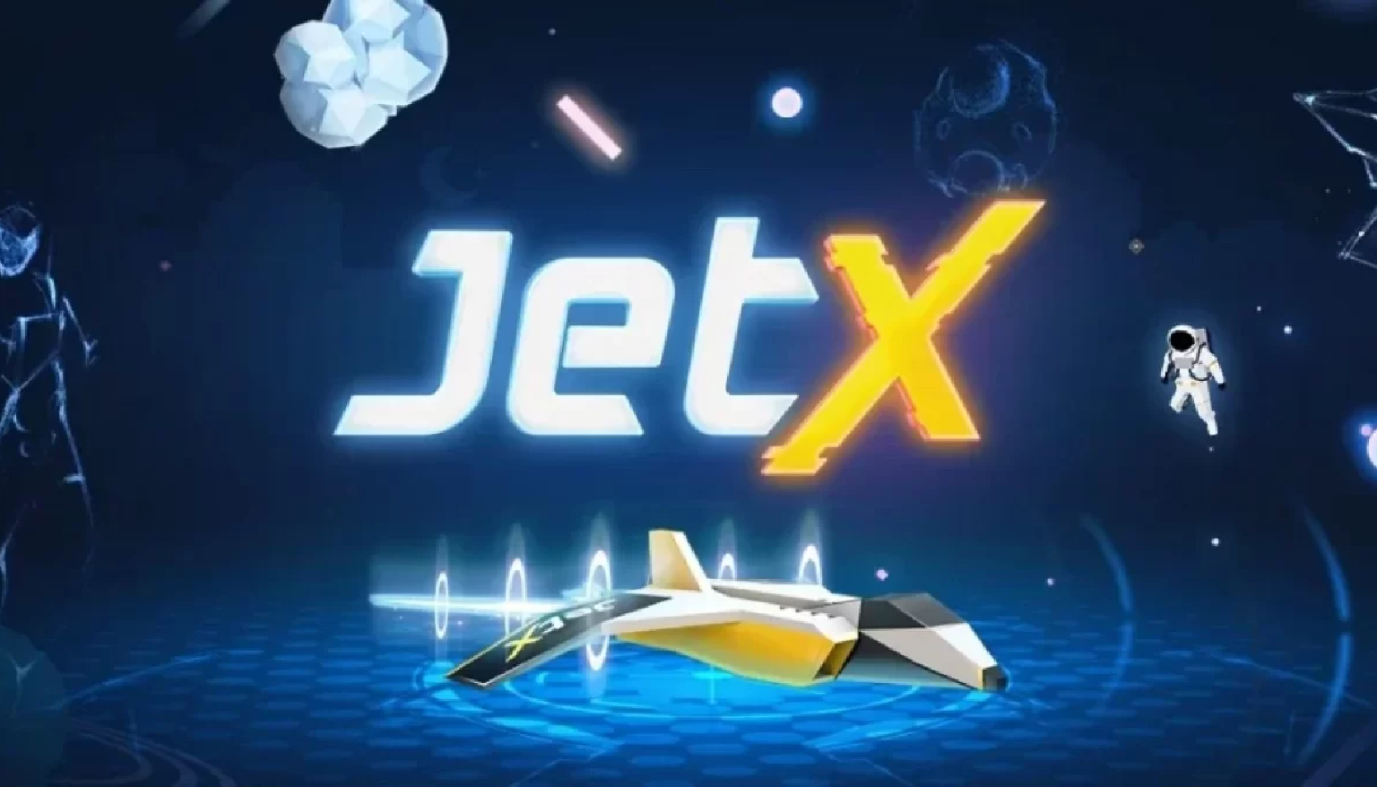 A graphic image of the jet in the space with cosmonaut and JetX game logo